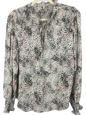 alex & lili Pink Black Abstract Dot Speckled Smocked Cuff Long Sleeve Top Size M